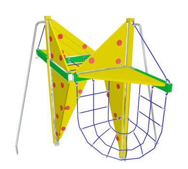 Play and climbing net, yellow and green, with red dots, 3D illustration, isolated against a white background.