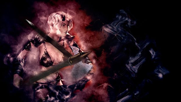 Horned blonde female demon with sword posing over dark background - 3d rendering