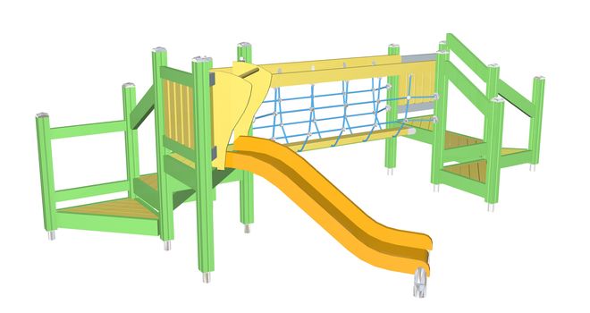 Kiddie Slide and Crawling Net, yellow and green, 3D illustration, isolated against a white background.