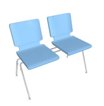 Two-seater stackable plastic chair, blue, metal legs, 3D illustration