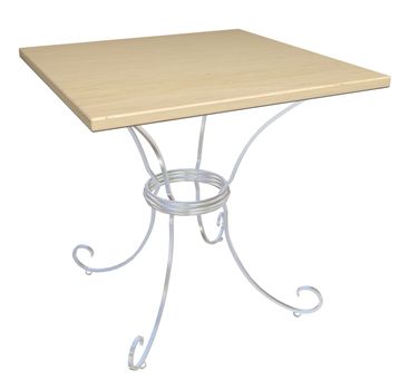 Square wooden cafe table, cast-iron base,  3D illustration, isolated against a white background.