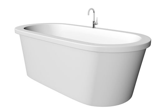 White and deep modern white bathtub with stainless steel fixtures, isolated against a white background