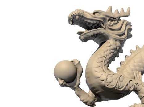 White Chinese dragon statue holding a ball in his claws, isolated against a white background. Close-up view 3D image.