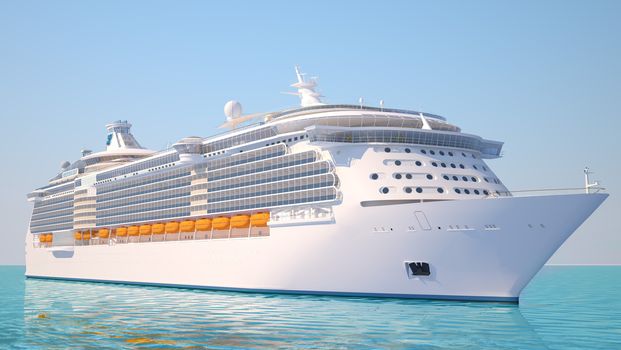 A very realistic view 3D illustration of a Cruise Ship, similar to the Freedom of the Sea ship. Sailing out at sea.