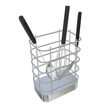 Stainless steel wire basket rack or holder with frying laddle, spoon laddle, and egg beater, 3D illustration, isolated against a white background