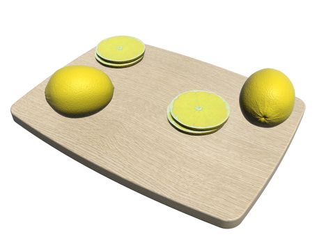 Rectangular wooden utting board with whole and sliced lemon, 3d illustration, isolated against a white background