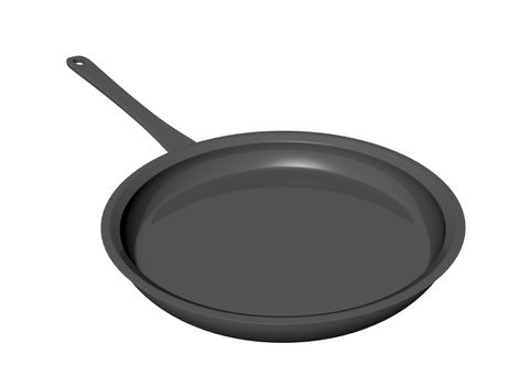 Black teflon coated shallow frying pan, 3D illustration, isolated against a white background