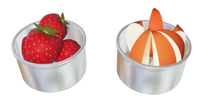 Aluminum or stainless steel dessert cups with whole strawberries and apple wedges, 3D illustration, isolated against a white background