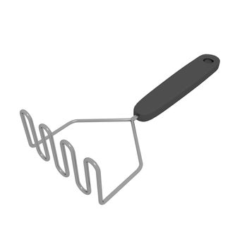 Stainless steel potato masher with black handle, 3D illustration, isolated against a white background