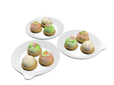 Colorful topped desserts or french macaron served on round ceramic plates, 3d illustration, isolated against a white background