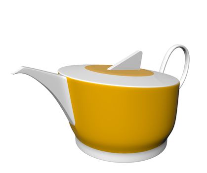 White and yellow ceramic tea pot, 3D illustration, isolated against a white background