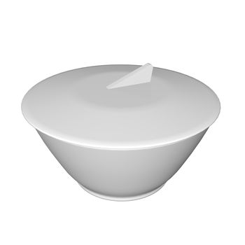 Ceramic oriental bowl with cover, 3D illustration, isolated against a white background