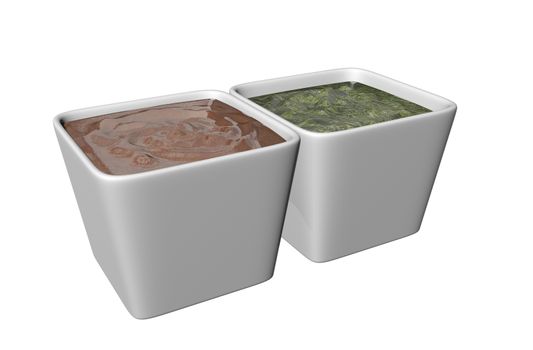 Ceramic square shaped dipping bowls with brown and green sauces, 3D illustration, isolated against a white background