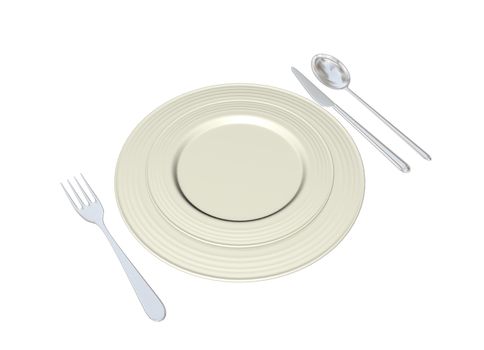 Metal plates with stainless steel spoon fork and knife, 3D illustration, isolated against a white background