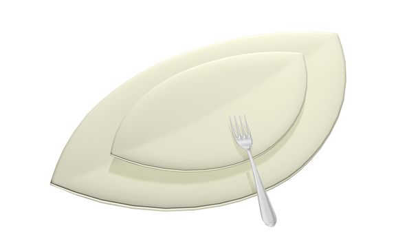 Leaf shaped serving dishes with fork, 3D illustration, isolated against a white background
