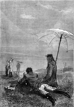 Lying on the ground, vintage engraved illustration. Jules Verne 3 Russian and 3 English, 1872.

