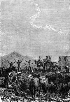 Soldier explorers and Makololo tribe native hunters in South Africa. From Jules Verne 3 Russians and 3 English Book, vintage engraving, 1871.
