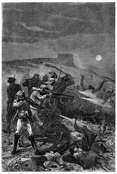 Rushed amid the groups, vintage engraved illustration. Jules Verne 3 Russian and 3 English, 1872.