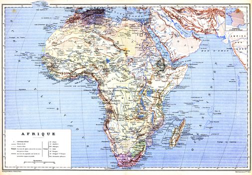 The planispheric map of Africa with names of cities and countries on it.