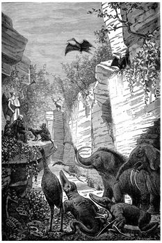 The trumpet of the judgment of science rings, vintage engraved illustration. Earth before man – 1886.