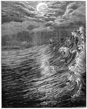 Originally. Moon is closest to the Earth still fluid produced great tides, vintage engraved illustration. Earth before man – 1886.