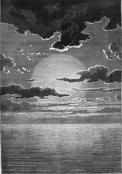 Under the immense age of the first sun, water, water everywhere, water always, vintage engraved illustration. Earth before man – 1886.
