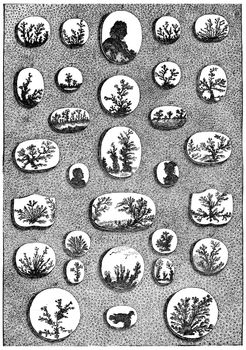 Natural agate bearing singular figures, vintage engraved illustration. Earth before man – 1886.