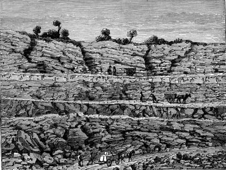 A career, Superimposed layers of rocks, vintage engraved illustration. Earth before man – 1886.
