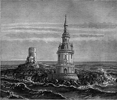 Cordouan and its island in the sixteenth century, vintage engraved illustration. Earth before man – 1886.

