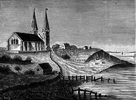 The encroachments of the sea, The church of Reculver in 1781, vintage engraved illustration. Earth before man – 1886.
