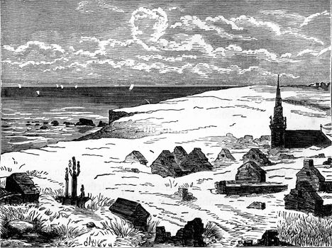 Village buried under the dunes, vintage engraved illustration. Earth before man – 1886.
