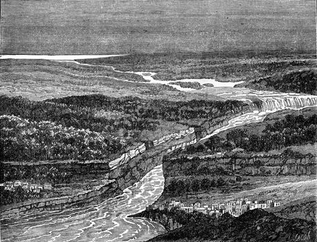 View as the crow flies of Niagara Falls, vintage engraved illustration. Earth before man – 1886.
