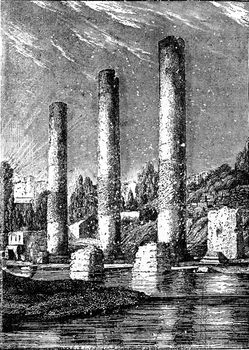 The Temple of Serapis at Pozzuoli, vintage engraved illustration. Earth before man – 1886.
