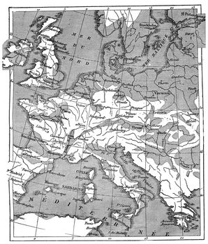 Map showing the extent of the area that was covered by the sea since the beginning of the Eocene period, vintage engraved illustration. Earth before man – 1886.