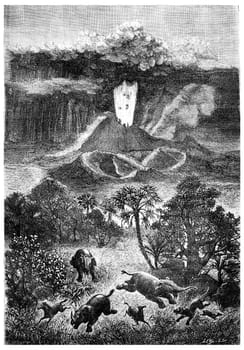 The French volcanoes during the Miocene period, vintage engraved illustration. Earth before man – 1886.