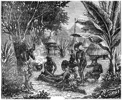 Cannibals of Central Africa in 1870, vintage engraved illustration. Earth before man – 1886.