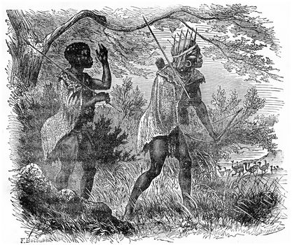 Bushmen hunting, vintage engraved illustration. Earth before man – 1886.
