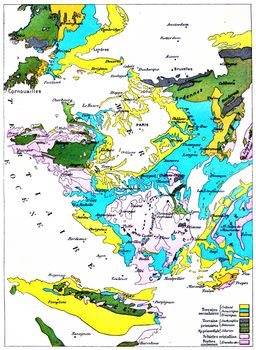 Map of gradual formation of land, vintage engraved illustration. Earth before man – 1886.