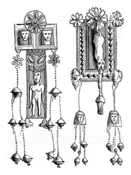 Ancient Phoenician earrings believed to be Egyptian in artistic origin, probably traded through Kameiros, Rhodes in Greece, preserved at the Louvre Museum. From Fine Arts Book, vintage engraving, 1880.
