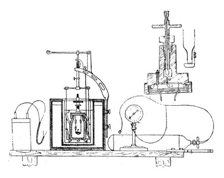 Calorimetric bomb Mr Mahler, vintage engraved illustration.
