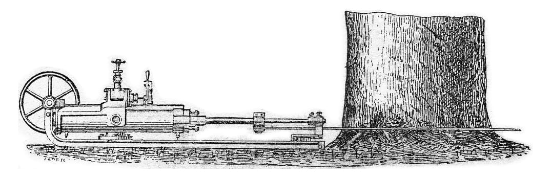 Saw the mechanical felling, vintage engraved illustration.
