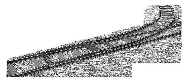 The Decauville derail to instantly connect an auxiliary lane on any point of an existing path without cutting, vintage engraved illustration.
