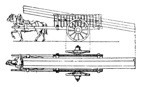 Cladding of wooden pieces on a flatbed truck, vintage engraved illustration.
