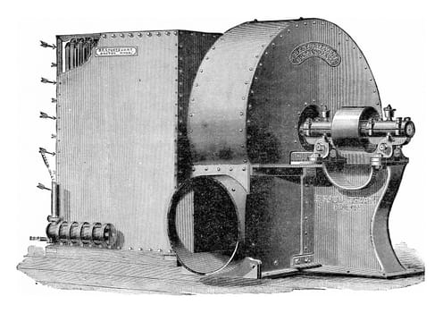 Group calorigenic Sturtevant, with fan control via pulley, vintage engraved illustration.
