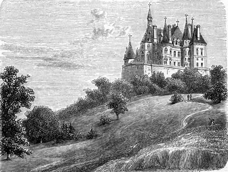 Chateau de Boursault or Boursault Palace in Boursault, Marne, France. From Chemin des Ecoliers, vintage engraving, 1876.
