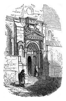 Entrance of the church of Epagny in Haute-Savoie, France. From Chemin des Ecoliers, vintage engraving, 1876.

