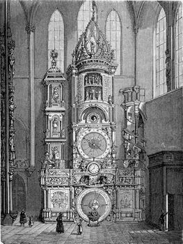 Strasbourg astronomical clock inside Strasbourg Cathedral in Strasbourg, Alsace, France. From Chemin des Ecoliers, vintage engraving, 1876.
