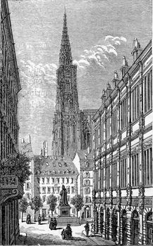 Rue des Grandes Arcades in Strasbourg, Alsace, France. From Chemin des Ecoliers, vintage engraving, 1876.
