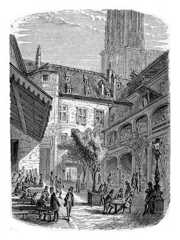 A Brasserie in Dauphine, Southeastern France. From Chemin des Ecoliers, vintage engraving, 1876.
