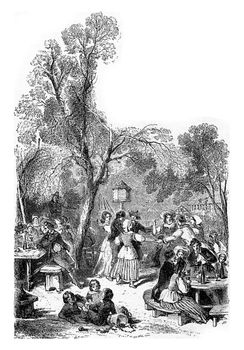 Adults and children at the Brasserie of the Karlsruhe Guesthouse in Karlsruhe, Baden-Württemberg, Germany. From Chemin des Ecoliers, vintage engraving, 1876.
